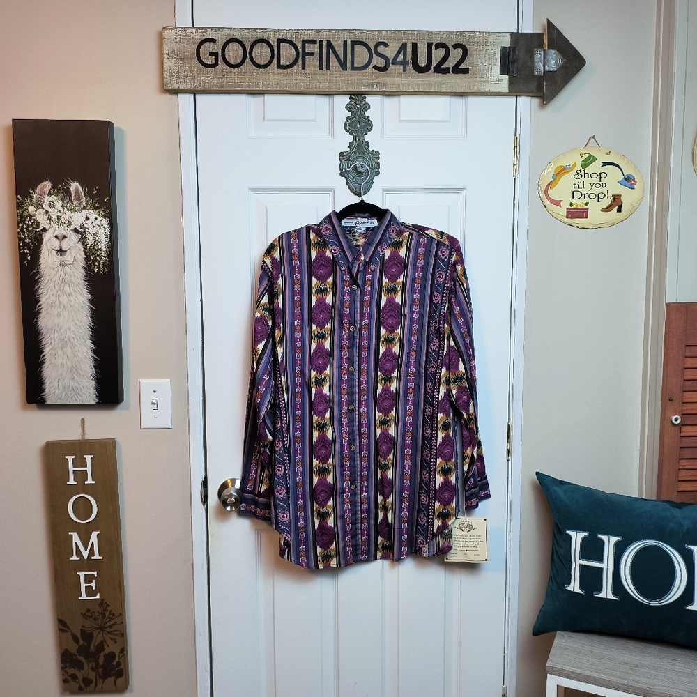 Kikomo Vintage Colorful Western Aztec Womens ButtonDown Long Sleeve Shirt Size L